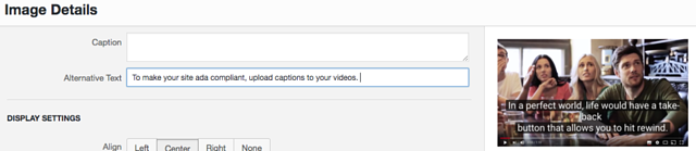 ADA Compliance requires that all images have an alt text description. 