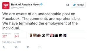 bank of america terminates an employee for social media comments