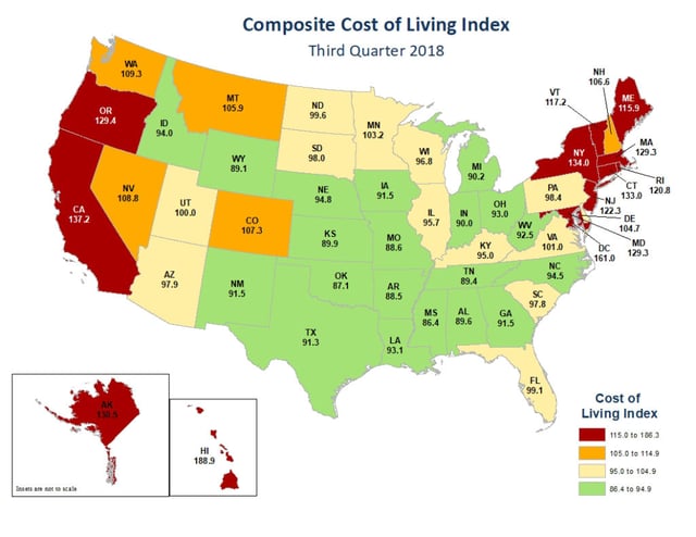 cost of living map listed by state